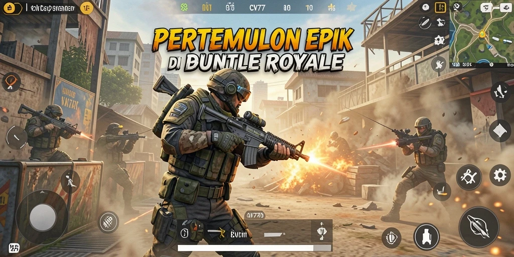 Tangkapan layar utama CV777 menampilkan aksi pertempuran seru di arena Battle Royale.