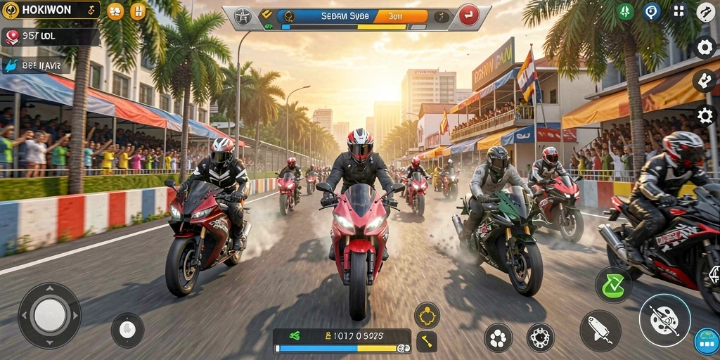Gameplay HOKIWON dengan balapan motor yang seru dan menantang.