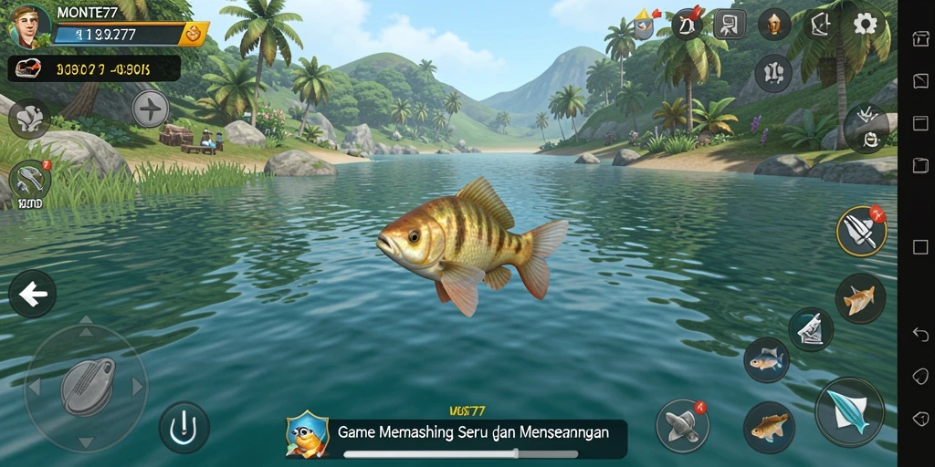 Screenshot gameplay <strong>MONTE77</strong> menunjukkan aksi memancing yang menarik dan penuh tantangan.