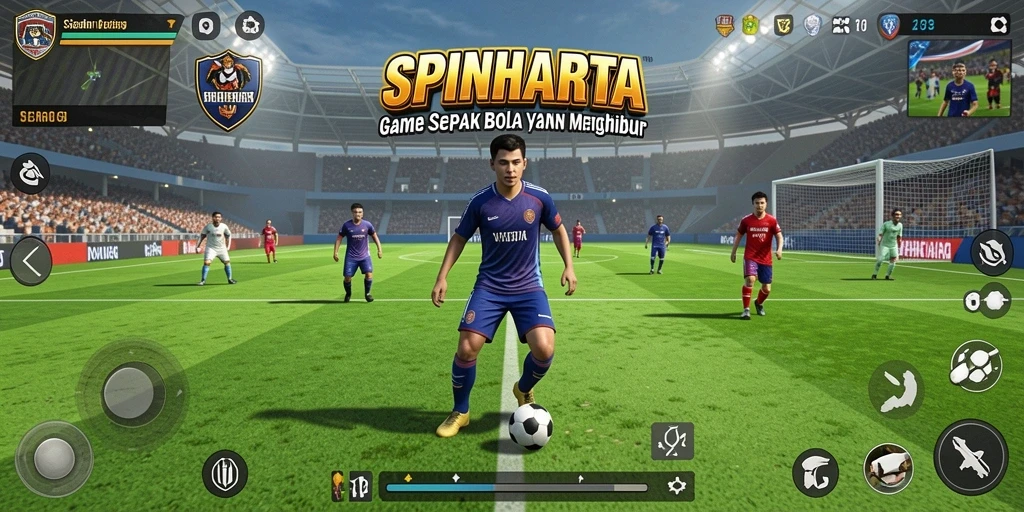 Screenshot SPINHARTA menampilkan aksi seru di lapangan sepak bola.