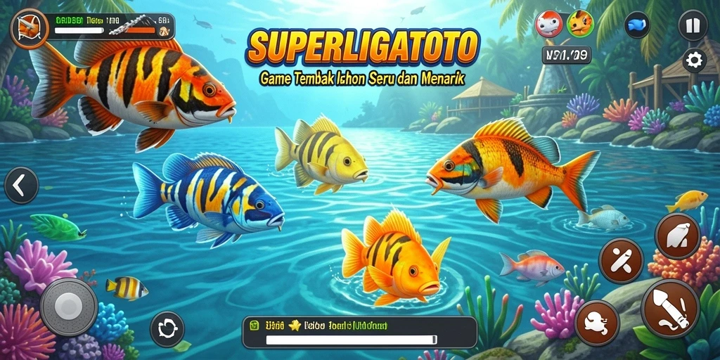 Screenshot gameplay SUPERLIGATOTO yang menampilkan aksi menembak ikan.
